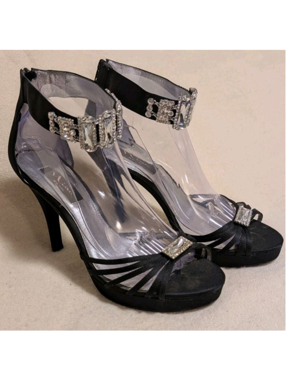 Nina New York Black Rhinestone Heels Size 9.5M Ankle Strap F95 Zipper Prom
